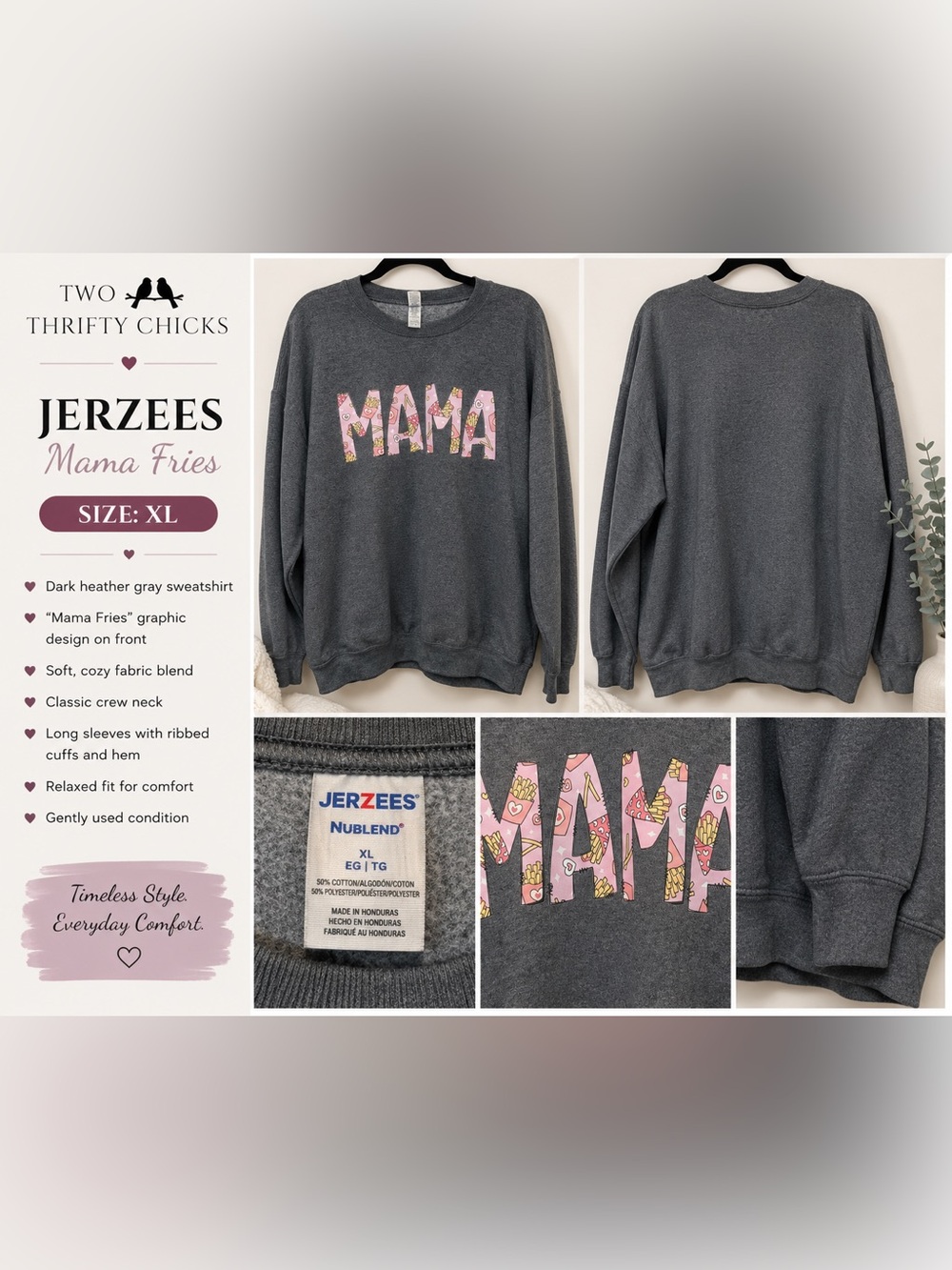 Jerzees Dark Heather Gray "MAMA" Graphic Crewneck Sweatshirt - XL - GUC